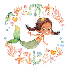 Cute African American Watercolor Mermaid Surrounded by Frame of sea elements, Sea Horse, corals, bubbles, seashells, anchor, seaweeds. Ocean Kit. Young Underwater Woman Nymph Grace Mythology Princess.