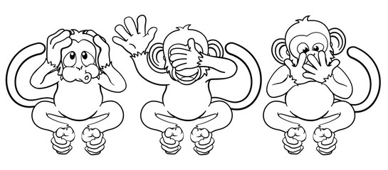 The monkeys from the saying see, hear and speak no evil cute cartoon characters.