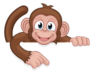A monkey cartoon character animal peeking over a sign and pointing at it  © Christos Georghiou