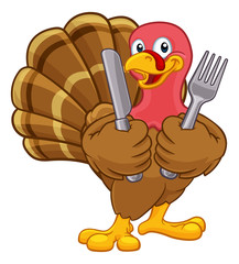 Turkey Thanksgiving or Christmas bird animal cartoon character holding a knife and fork
