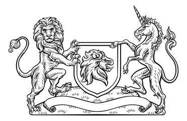 A medieval heraldic coat of arms emblem featuring lion and unicorn animal supporters flanking a shield charge in a vintage retro woodcut style.