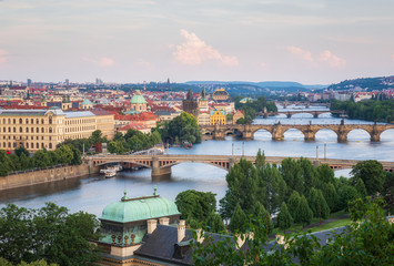 Beautiful Prague and its bridges / Aerial view of famous bridges in Old Town of Prague in Czech...