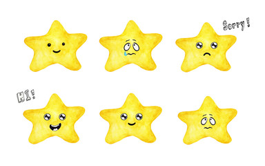 Set of Cute yellow star with different emotions in cartoon style. Watercolor illustration painting isolated on white background.