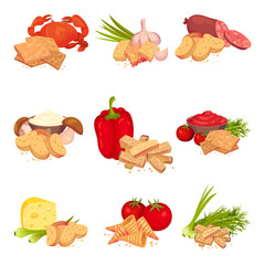 Set of images of croutons slices with different products. Vector illustration on white background.