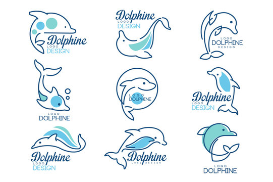Dolphine logo templates set, nautical design elements in blue colors vector Illustrations on a white background