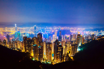 The most famous view of Hong Kong at twilight sunset. Hong Kong skyscrapers skyline cityscape view...