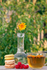 Cup of green tea, macaroons cakes, fresh raspberries and calendula flower with a stem in a glass flask.