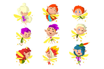 Obraz na płótnie Canvas Little winged elves set, cute fairytale elf character with colored hair and various emotions vector Illustrations on a white background