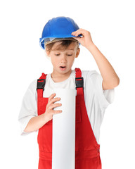 Portrait of little engineer on white background