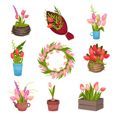 Set of different images of tulips. Vector image on white background.
