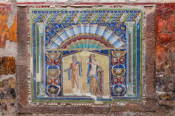 Herculaneum, Italy. 04-24-2019. Mosaic at Herculaneum ancient roman city in Italy