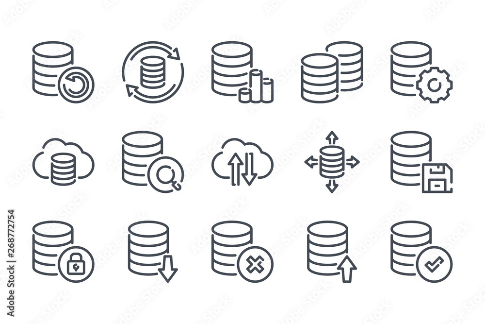 Poster data storage and database related line icon set. backup linear icons. data transfer and structure ou