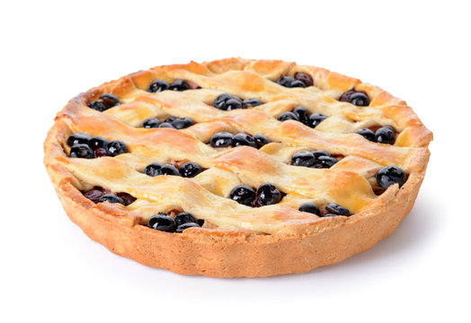 Tasty blueberry pie on white background