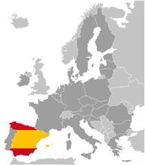 Vector graphic map of Europe with European Union member states with Spain marked with flag