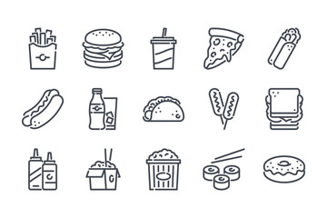 Fast food related line icon set. Street food linear icons. Burger, hotdog and  sandwich outline vector signs and symbols collection. - obrazy, fototapety, plakaty