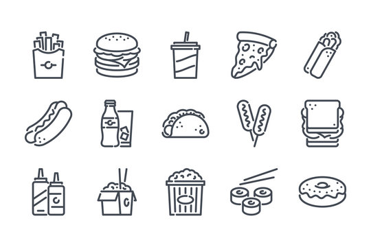 Fast food related line icon set. Street food linear icons. Burger, hotdog and  sandwich outline vector signs and symbols collection.