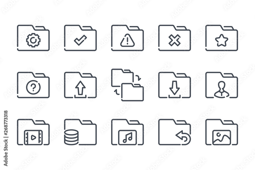 Poster folder related line icon set. document archive linear icons. file organization outline vector signs 