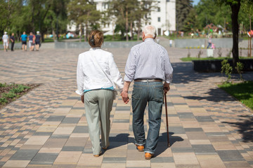 Fototapeta na wymiar Senior adults walking in a park holding hands