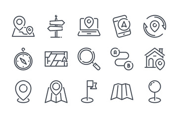 Navigation related line icon set. Location and direction linear icons. Destination outline vector signs and symbols collection.