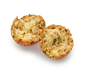 Pieces of tasty falafel ball on white background