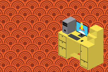 Working desktop station drawers personal computer launching rocket clouds. Design business concept Empty copy text for Web banners promotional material mock up template