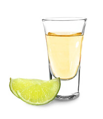 Shot of tequila on white background - obrazy, fototapety, plakaty