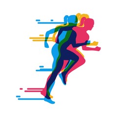 Naklejka na ściany i meble Running girls colorful poster.Running marathon. Vector creative illustration with run people