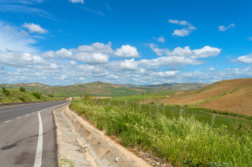Fototapeta na wymiar Beautiful Sicilian Landscape from the State Highway, Caltanissetta, Italy, Europe