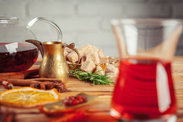 red tea on a wooden table