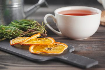 Tea composition on wooden table