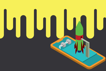 Ready to launch rocket lying smartphone. Startup negotiations to begin Design business Empty copy space text for Ad website promotion isolated Banner template