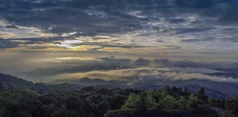 Panorama sunrise at Doi Inthanon, mountain view morning of the hills around with sea of fog with...