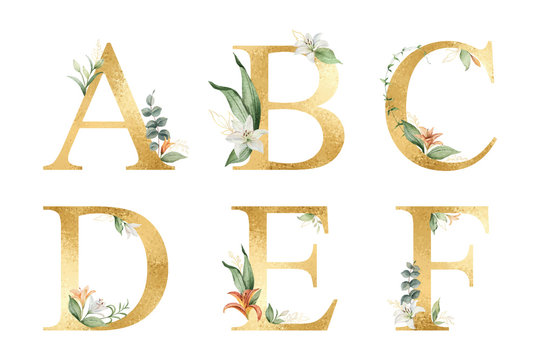 Golden vector glitter alphabet with watercolor flowers.