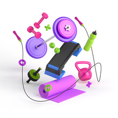 3d-illustration of the fitness equipment: step platform, weight, dumbbells, water bottle, jump rope, yoga mat, apples