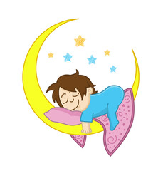 Funny vector Baby boy sleeping on the moon among the stars. Logo of child care, motherhood and childbearing. 