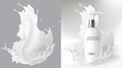 Milk cosmetics realistic vector blurred background. Skin care cosmetic product, body lotion in white bottle with silver dispenser and milk splash, crown isolated on gray. Mock-up promo poster