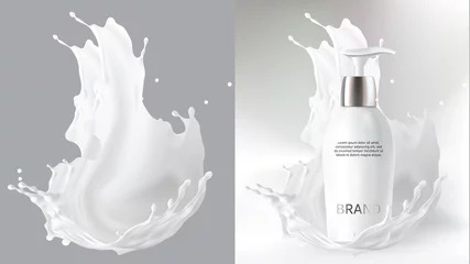 Poster Milk cosmetics realistic vector blurred background. Skin care cosmetic product, body lotion in white bottle with silver dispenser and milk splash, crown isolated on gray. Mock-up promo poster © klyaksun
