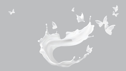 Milk splash, vortex or spiral shape and white liquid silhouettes of flying butterflies isolated on gray background.