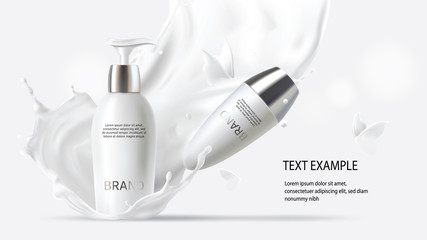 Milk cosmetics, realistic vector background with lotion and roll-on deodorant. Skin care in white bottles with silver caps in milk splash, crown with flying butterflies Mock-up cosmetic promo poster