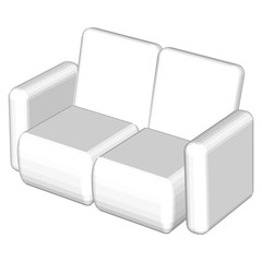 Grey sofa isolated white background. Retro style background. Decoration element. Interior comfortable living room. Chair icon. Graphic silver drawing, sketch. 3D vector illustration, eps10.
