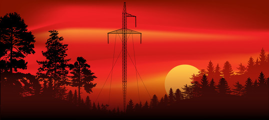 Naklejka premium electric tower in forest at red sunset