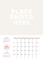 Wall calendar planner template for May 2019. Week starts on Monday. Vector illustration. Stationery print design