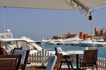 Outdoor cafe on the harbor in El Gouna, Red Sea, Egypt