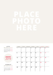 Wall calendar planner template for August 2019. Week starts on Monday. Vector illustration. Stationery print design
