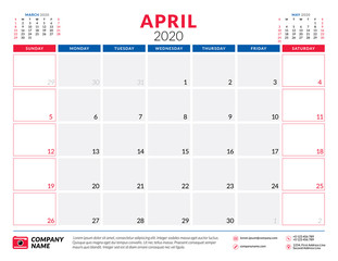 April 2020. Calendar planner stationery design template. Vector illustration. Week starts on Sunday
