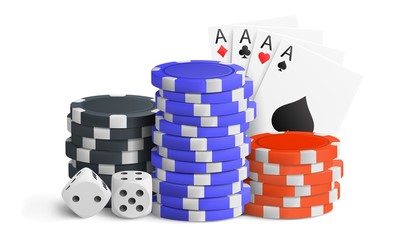 Casino concept with chips, dice and cards. Background for flyer, banner, poster. Vector illustration.