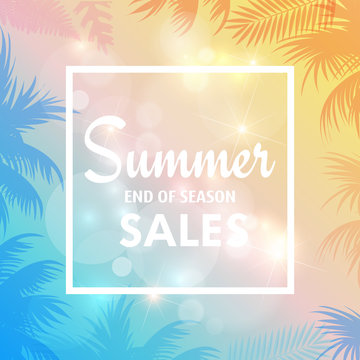 Summer sales card with palm leaves and sunshine. Vector