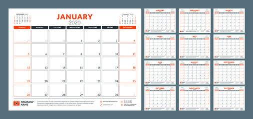 Calendar planner for 2020 year. Stationery design template. Vector illustration. Week starts on Sunday