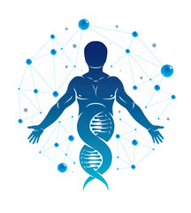 Athletic man vector illustration made using DNA symbol and futuristic molecular connections. Human as the object of biochemistry research, genetic engineering.