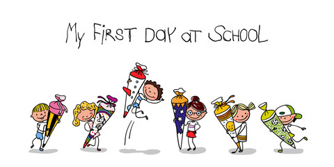 Erster Schultag - My First Day of school - Erstklässler mit Schultüte freuen sich über Einschulung bunt